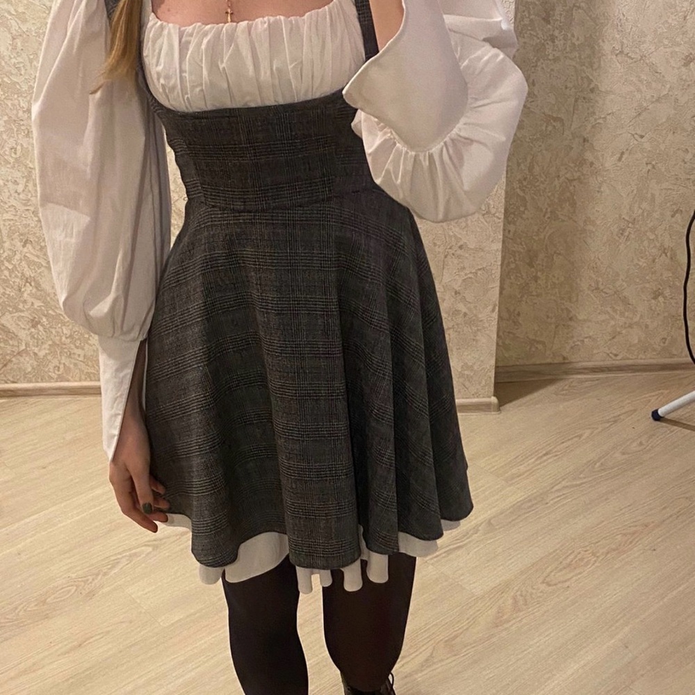 Gray Plaid Pinafore Dress with White Blouse